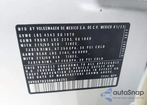 2024 Volkswagen Taos 1.5T Se z USA, uszkodzony, nr VIN 3VVSX7B23RM046252